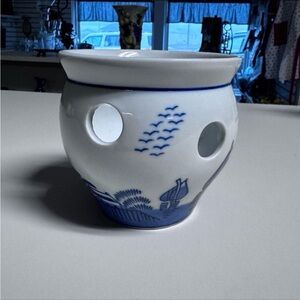 Vintage Delft Blue Ceramic Bulb Planter | Dutch Windmill Pottery with Cut-Outs